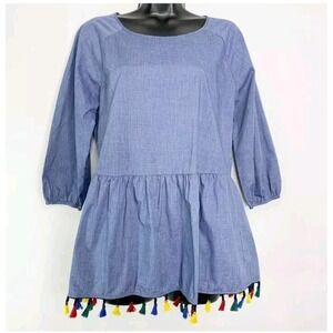 Pleione Anthropologie Chambray Tassel Top Womens XL Boho Hippie Colorful Fringe